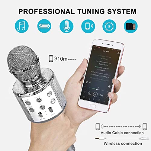 BlueFire 4 in 1 Karaoke Wireless Microphone with LED Lights, Portable Microphone for Kids, Great Gifts Toys for Kids, Girls, Boys and Adults (Silver) - color: Silver