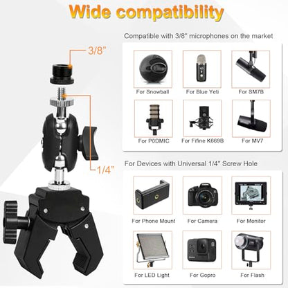 Mic Crab Clamp Microphone Mount, Desk Pipe Pole Clamp Mic Mount with Dual Ball Head Adjustment 1/4" to 5/8" Thread, Fits Mic Stand, Drum Stand, Desktop Shelf