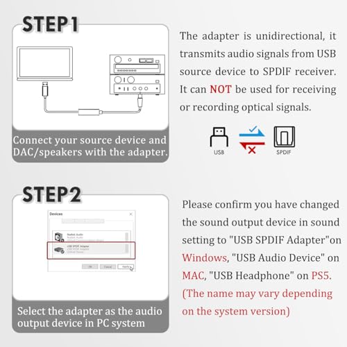 USB to Optical Audio Adapter 24Bit Sample Depth, PC to SPDIF Sound Card Optical Output Compatible with Windows macOS Laptop Computer, Not for TV, Signal Only from USB to Toslink Converter