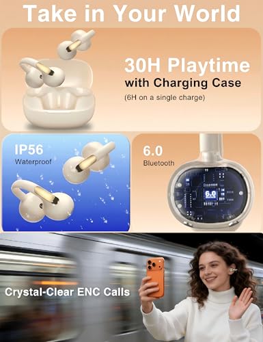Open Ear Earbuds, Wireless Bluetooth 6.0 Clip-on Earbuds, 50H Playtime, Comfortable Snug Fit, Chic Tech Accessories & Gifts for Women & Kids, White