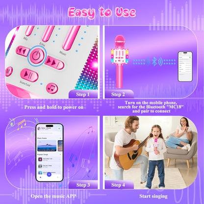 Karaoke Microphone Toys for Kids, Wireless Bluetooth Mic with Lights & Speaker, Portable Home KTV Player System, Perfect Birthday Party for 3-12 Year Old Boys & Girls - color: Pink