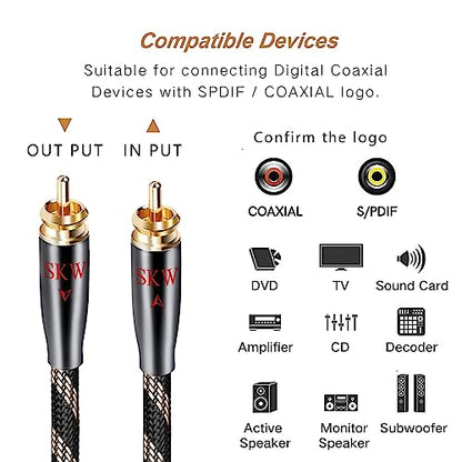 SKW Audiophile Digital Coaxial Cable 4.9ft/1.5m, SPDIF RCA Subwoofer Cable | Dual-shielded, Ultra-high Purity Copper, Foam-PE Dielectric, Nylon-braided Jacket, CD/DAC to AV Receiver and Subwoofer - color: Black, size: 4.9ft (1.5m)