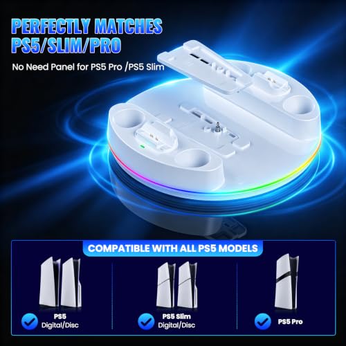 NEWDERY for PS5/Slim/Pro Console Stand with Controller Charger | Charging Station for PS5 Controllers, Adjustable RGB Light, for PS5 Controller Charger Stand, White - color: White