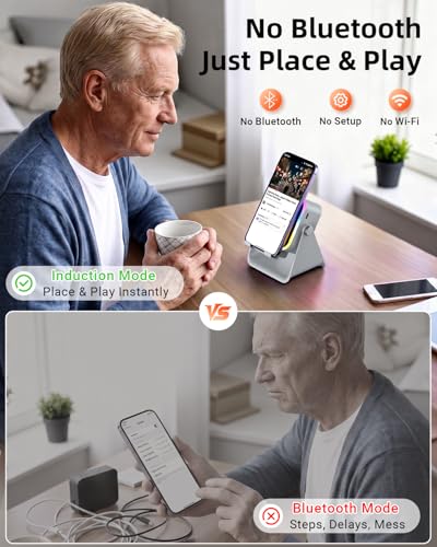 Induction Speaker 5-in-1 Bluetooth Audio for iPhone Android with Phone Stand | Adjustable Desktop Phone Holder with Charger & RGB Light, Cool Tech Gadgets Gifts for Men Women Teens Gray