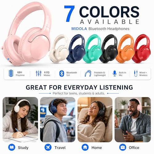 MIDOLA Bluetooth Headphones Over Ear 68H Playtime 6 EQ Wireless Headset with Microphone HiFi Stereo Foldable Lightweight Deep Bass for Travel Home Office Cellphone Pink | Adjustable Headband Foldable Over-Ear Lightweight for Office/Travel/Tablet/iPad/Lapt