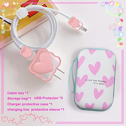 CameCosy Phone Charger Storage Case Set with Pink Hearts Carrying Case Bag with Cute 3D Love Cable Protector Set, Travel Cable Organizer,Soft Phone Earphone Charger Cover Compatible for iPhone