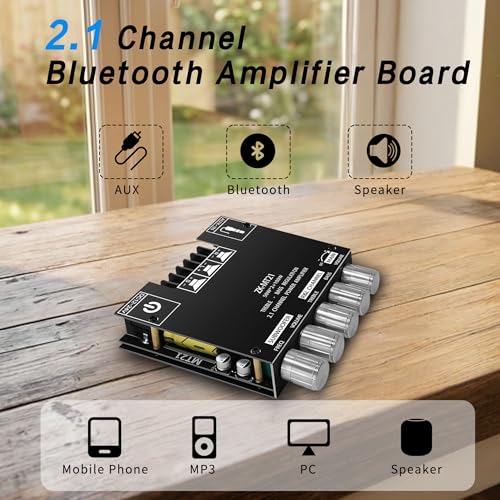 ZK-MT21 2.1 Channel Bluetooth Amplifier Board – Mini 12V-24V Audio Amplifier with Subwoofer Output, Bass Treble Control 50W+50W+100W– DIY HiFi Home TV Amp for Passive Speakers - size: ZK-MT21