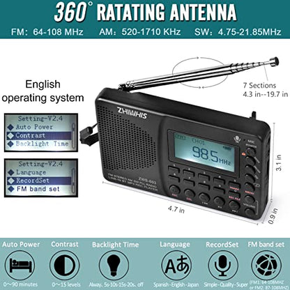 ZHIWHIS Portable Bluetooth Radio, FM AM Shortwave Radios with Sleep Timer and Preset Function, Rechargeable Digital Recorder, Stereo MP3 Player with Lyric Display, Support Micro SD Card and AUX - style: ZWS-603 (white backlight)