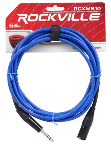 Rockville RCXMB10BL Blue 10' Male REAN XLR to 1/4" TRS Cable, 100% Copper | Patch Cable, Balanced Audio, Nickel Plated, 24 AWG OFC, 90% Spiral Shield, EMI/RFI Rejection, Flexible, Low Noise - color: Blue