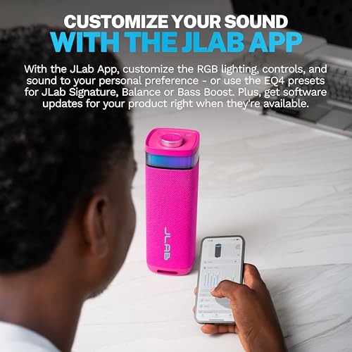 JLab, JBuds Party, Portable Bluetooth Speaker, Waterproof, RGB Lighting, Multi-Speaker Connection, Pink - color: Pink