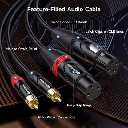 Cable Matters Dual XLR to RCA Cable, Dual Female XLR to RCA, 6ft | Unbalanced Stereo Interconnect, Oxygen-Free Copper, Braided Shielding, Gold-Plated RCA Connectors - size: 6 Feet
