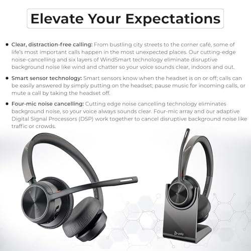 Poly Voyager 4320 UC Wireless Headset & Charge Stand - Stereo Headphones with Noise-Canceling Boom Mic + Charging Station + USB-C to A Adapter + USB C Dongle + USB A-C Cable + Pouch + Microfiber Cloth