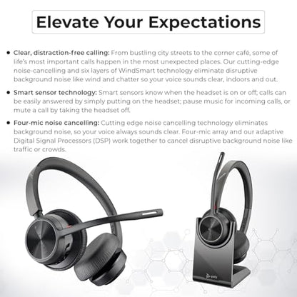 Poly Voyager 4320 UC Wireless Headset & Charge Stand - Stereo Headphones with Noise-Canceling Boom Mic + Charging Station + USB-C to A Adapter + USB C Dongle + USB A-C Cable + Pouch + Microfiber Cloth