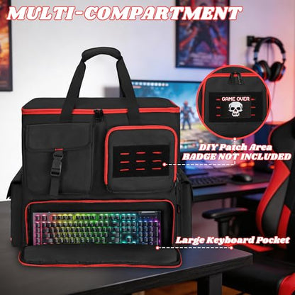 Desktop PC Tower Backpack for ATX/M-ATX Case with Bottom Pad | Padded PC Travel Bag with 6 Storage Pockets, MOLLE Side Pockets, Reflective Strips, Trolley Strap and Shoulder Straps, Black