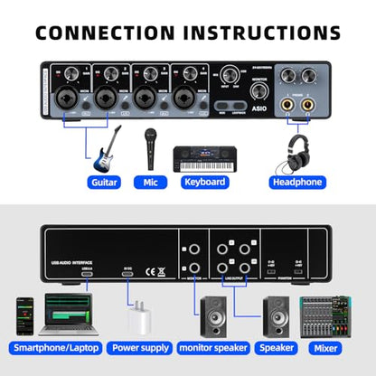 Depusheng USB Audio Interface with ASIO Drivers, 24Bit 192Khz, Phantom Power +48v, Low Latency for Home Studio Recording, PC/MAC Compatible (4 CHANNEL)