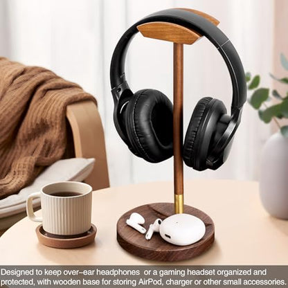 Headphone Stand for Desk, Solid Wood Gaming Headset Stand, Universal Wooden Headphone Stand Hanger, Wooden Headphone Holder with Storage Base for Airpod max and More
