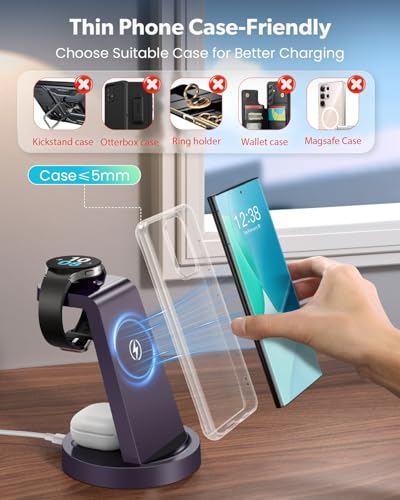 Wireless Charger for Samsung: 3 in 1 Wireless Charging Station | for Samsung Galaxy Watch 8 7 6 5 4 3 Pro S26 S25 S24 S23 S22 Ultra Z Fold Android, 18W adapter, Idea for Home Office Travel - color: Purple