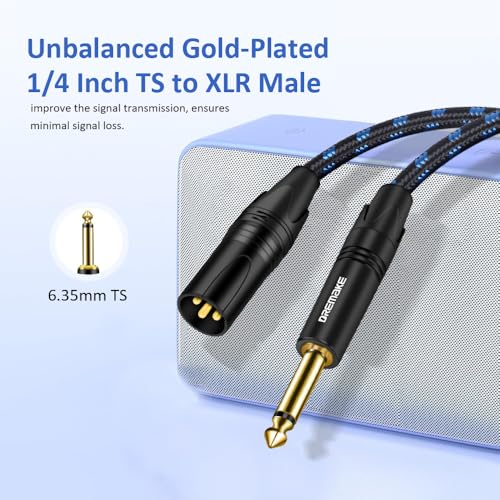 25FT TS 1/4 Inch to XLR Unbalanced Audio Cable, Mono 6.35mm Plug to 5-Pin XLR Instrument Patch Cord, Quarter inch TS Male to XLR Male Mic Cable for Power Amplifier, Dynamic Microphone, Speaker - size: 25FT/7.5M