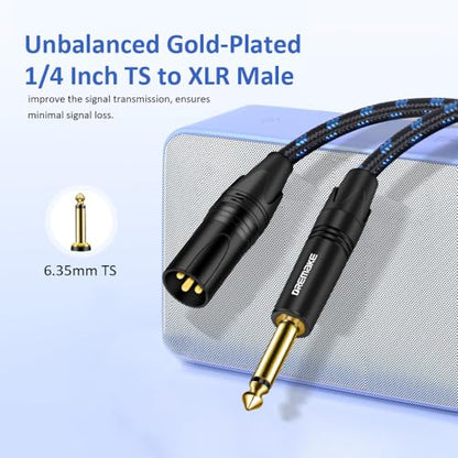 25FT TS 1/4 Inch to XLR Unbalanced Audio Cable, Mono 6.35mm Plug to 5-Pin XLR Instrument Patch Cord, Quarter inch TS Male to XLR Male Mic Cable for Power Amplifier, Dynamic Microphone, Speaker - size: 25FT/7.5M