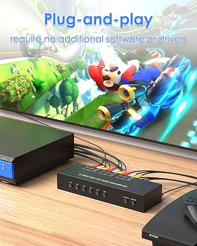 6 Port RCA to HDMI Converter, Dual AV to HDMI Converter Supports 16:9/4:3 Composite to HDMIAdapter Support 1080P PAL/NTSC Compatible with Sega/Xbox/PS1/PS2/PS3/WII/N64/VHS, VCRs, and DVD Players - size: 6 Port RCA to HDMI Converter