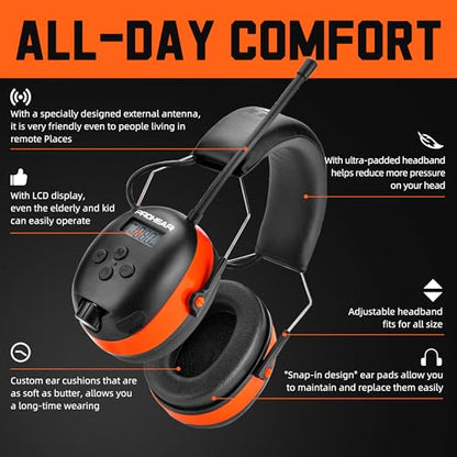 PROHEAR 033 2.0 Upgraded Bluetooth Hearing Protection AM FM Radio Headphones - 31SNR Noise Reduction Ear Muffs with Long-Lasting Stable Rechargeable Battery - 50 Hrs for Mowing Snowblowing - Orange - color: Af/Fm+bluetooth-orange