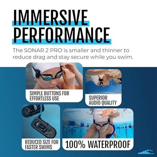 H2O Audio Sonar 2 PRO Waterproof Bone Conduction Headphones for Swimming – Open-Ear Underwater IPX8 Waterproof Headphones - MP3 Player with Playlist+ App for Bluetooth Streaming - 10 Hour Battery Life
