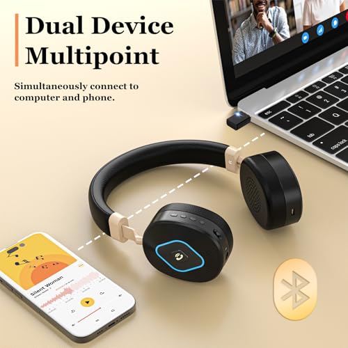 Wireless Headset with Mic for Work, Bluetooth Headset with Microphone, Retractable Boom Mic, Hybrid Mode Wireless/Wired, Dual AI Noise Cancellation, USB Dongle & Mute for Home/Office/PC/Cell Phones