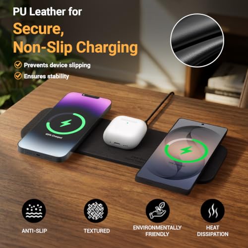 ZealSound Wireless Charging Pad, 3-in-1 Fast Wireless Charger with 36W Adapter for iPhone 17/16/15, Samsung Galaxy, AirPods & Galaxy Buds, Ultra-Slim PU Leather Charging Station for Home Office Travel