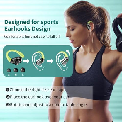 Wireless Earbuds, 2026 Bluetooth 5.4 Headphones Sport, Bluetooth Earbuds with ENC Noise Canceling Mic, 60H Stereo Wireless Headphones IP7 Waterproof with Earhooks, Dual LED Display for Workout/Running - color: Loyal Green