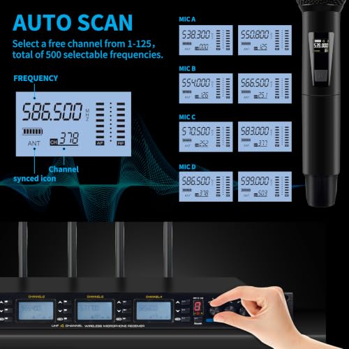 PRORECK UK-4000 UHF 4 Channel Wireless Microphone System with Four Handheld Microphone, 500 Selectable Frequency Range, Perfect for Home Karaoke/smallgatherings (UK-4000)