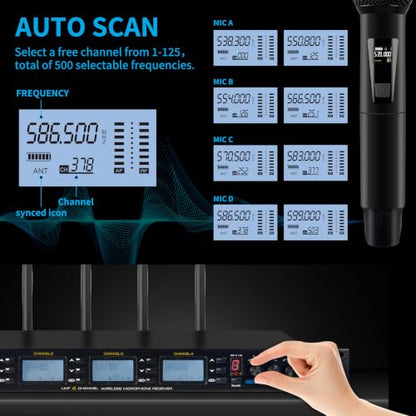 PRORECK UK-4000 UHF 4 Channel Wireless Microphone System with Four Handheld Microphone, 500 Selectable Frequency Range, Perfect for Home Karaoke/smallgatherings (UK-4000)