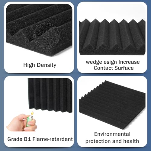 50 Pack Acoustic Foam Panels 1" X 12" X 12" Wedge Soundproof Studio Foam for Walls Sound Absorbing Panels Sound Insulation for Studio (50 Pack, Black) - size: 50 Pack