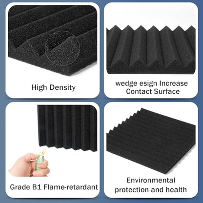 50 Pack Acoustic Foam Panels 1" X 12" X 12" Wedge Soundproof Studio Foam for Walls Sound Absorbing Panels Sound Insulation for Studio (50 Pack, Black) - size: 50 Pack