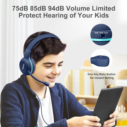 SIMOLIO Wired Headphones for School with Microphone, Stereo Kids Headphone with Flexible Swivel Boom Mic for Student K12 & Teacher & E-Learning, 3 Levels Volume Limiter Gaming Headsets for Boys, Girls - color: Blue