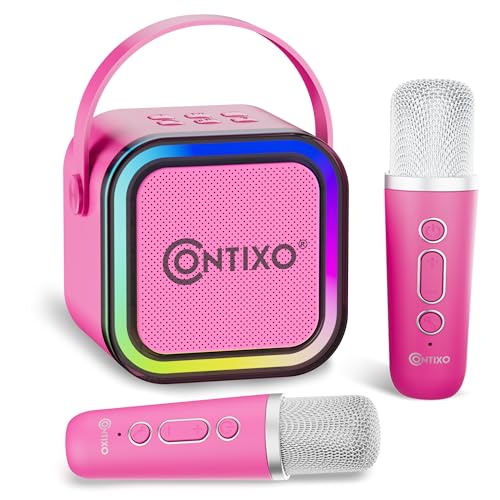 Contixo KS1 Mini Karaoke Machine for Kids, Portable Bluetooth Speaker with 2 Wireless Microphones & Dynamic Lights for Boys & Girls, Home Party Entertainment Toy (Pink) - color: Pink