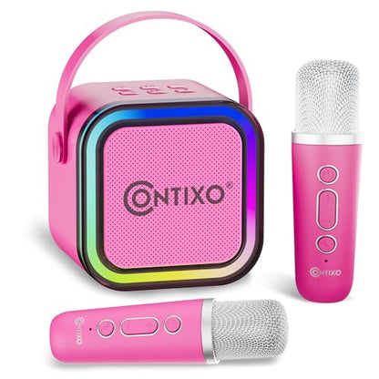 Contixo KS1 Mini Karaoke Machine for Kids, Portable Bluetooth Speaker with 2 Wireless Microphones & Dynamic Lights for Boys & Girls, Home Party Entertainment Toy (Pink) - color: Pink