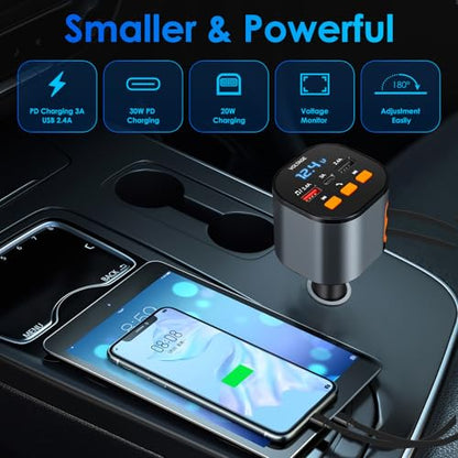 Retractable Car Charger,5 in 1 Fast Cars Phone Charger 90W,Bluetooth 5.3 FM Transmitter Adapter,Handsfree Call,2 Retractable Cables and USB Chargers for iPhone17/16 15/14/13 - color: Black