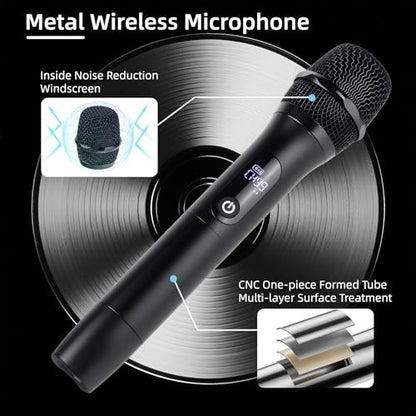 Wireless Microphones for Singing Karaoke, 500ft/150m Long Range Metal Dual Cordless Mic System with 99 Channels, 40H Battery, Professional Microfonos Inalambricos for DJ Party Church