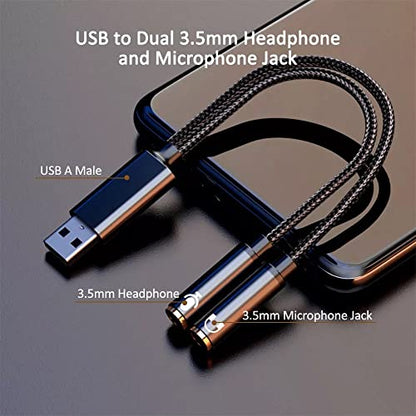 USB to 3.5mm Jack Audio Adapter, USB Audio Cable, External Sound Card USB to Headphone and Mic Adapter, USB 2.0 Male to Dual 3.5mm Female Headset TRS Jack for PS4, PC, Laptop, Gaming Headset Headphone