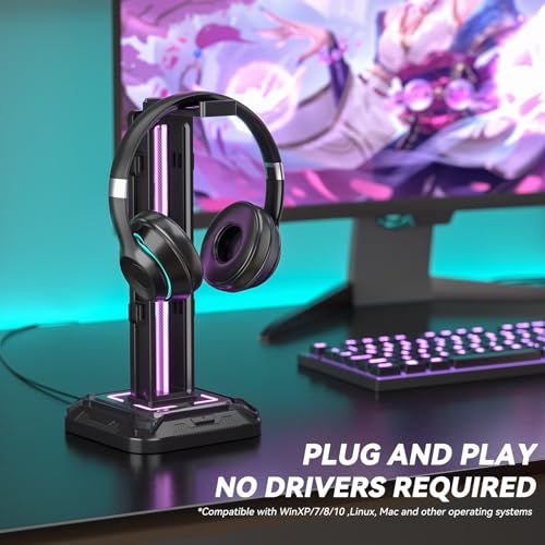 KDD RGB Headset Stand with 9 Light Modes - Controller Holder for Desk - Rotatable Headphone Stand & Detachable Controller Hook for PC Earphone Accessories(Black) - color: Black