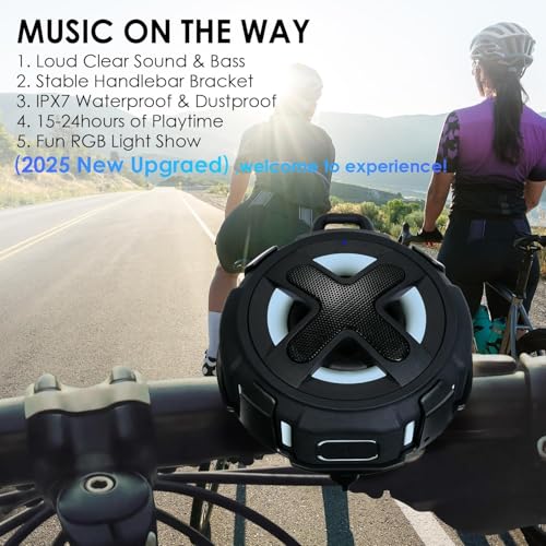 Upgraded, Pro Bike Speaker, with Pro Handlebar Mount, Bluetooth V5.4, IPX7 Waterproof, Silicone Case, Broadcast Navigation,10W Bassup, 15-24H Playtime, Hook, Bicycle, Motorcycle, Bike Accessories