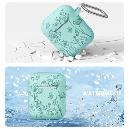 Lerobo for AirPod Case, Compatible with AirPods Case 2nd Generation | Engraved Flower Soft Silicone Cover with Keychain for AirPods 2/1, Wireless Charging, Scratchproof, One-piece Design - color: Mint Green