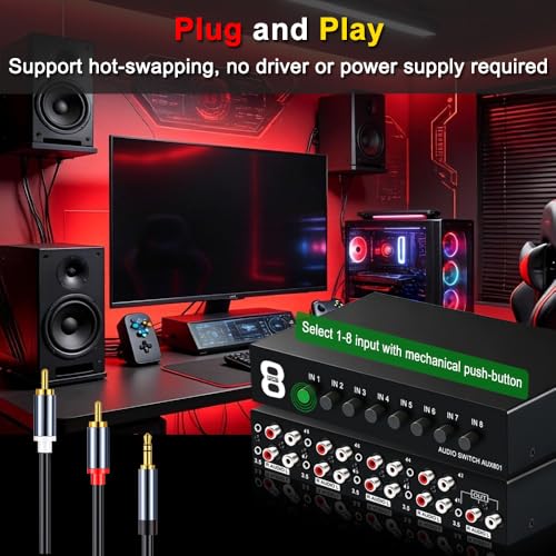 3.5mm Aux + RCA L/R 양방향 스테레오 오디오 스위치 8 in 1 출력 A/B 아날로그 오디오 스위치 셀렉터