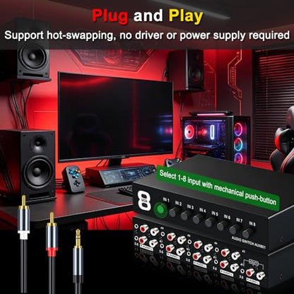 3.5mm Aux + RCA L/R 양방향 스테레오 오디오 스위치 8 in 1 출력 A/B 아날로그 오디오 스위치 셀렉터