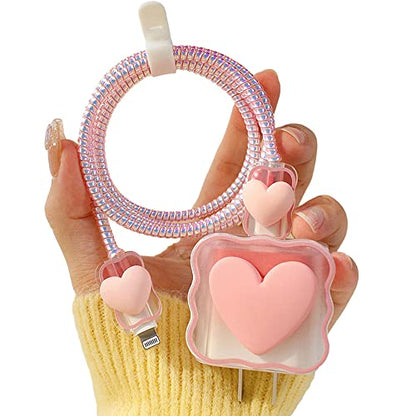 ZOSTLAND 5 in 1 DIY 18W 20W Heart Shape Protector Data Cable USB Charger Line Earphone Wire Saver Organizer Compatible with iPhone 11 12 13 14 15 Pro Max - color: Love Pink