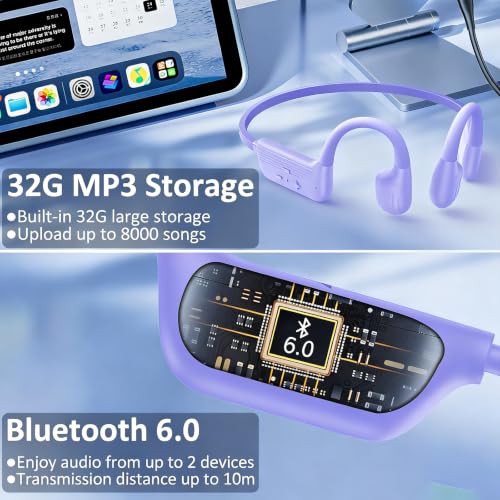 Swimming Headphones Underwater, IP68 Waterproof Bone Conduction Headphones, Bluetooth 6.0 Open Ear Swim Earbuds with 32GB Built-in MP3,Adjustable Headband for Swim Cap/Hat,Dual Device Pairing (Purple