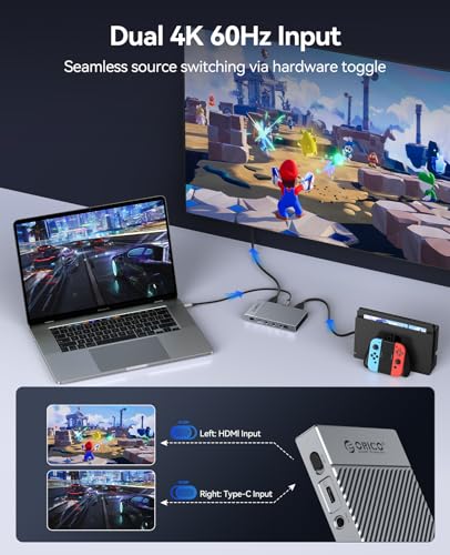 ORICO IS6 4K Portable HDMI Capture Card for Streaming, Dual 4K60Hz Inputs, USB C Game Capture Card with Audio Ports Compatible with PS5, Xbox, Switch, OBS Recording, Works on PC, Mac, Laptop, iPad