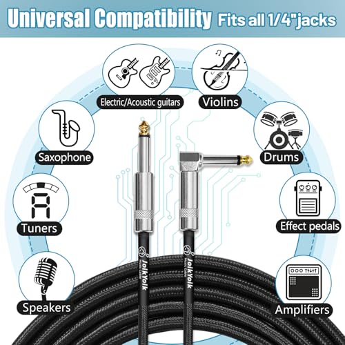 Guitar Cable 15ft 2-Pack, Tweed Cloth Braided Instrument Cable, TS 1/4 Inch Angled to Straight, for Electric Guitar/Bass/Amp, Black - color: Black, size: 15ft