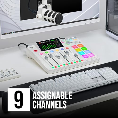 Rode RODECaster Pro 2 White Bundle with 4x PodMic Dynamic Mics, 4 PSA1+ White Boom Arms, 4 Cans50 Headphones, XLR Cables — 9-Channel APHEX Console for Podcasting, Streaming