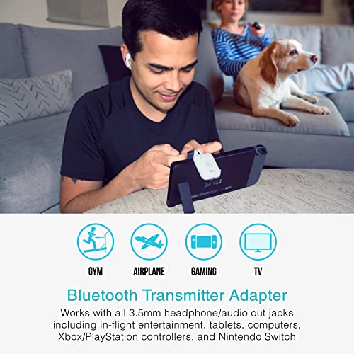 MEE audio Connect Air in-Flight Bluetooth Wireless Audio Transmitter Adapter for up to 2 AirPods / Other Headphones; Works with All 3.5mm Aux Jacks on Airplanes, Gym Equipment, TVs, & Gaming Consoles - color: White, style: Connect Air